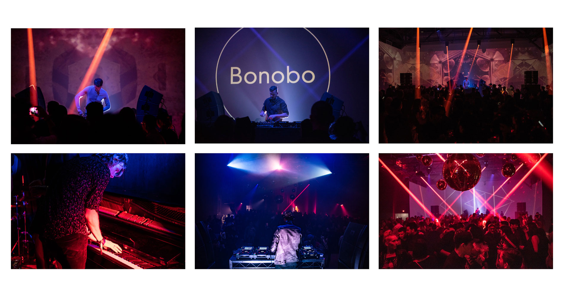 Grid of six event photos: Bonobo performing under a spotlight, his name lit up in a circular sign above the booth, the crowd facing the stage, a musician playing a red-lit piano, a DJ under crossing light beams, and disco balls over a red-lit dance floor.