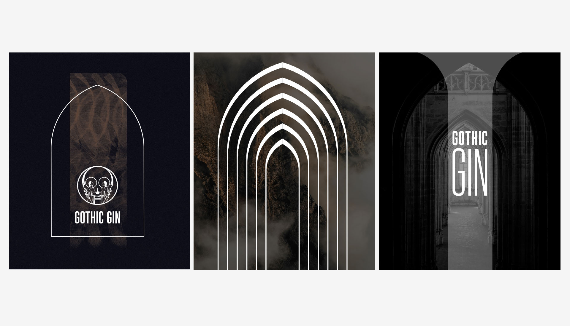 Three exploratory brand panels for Gothic Gin: a textured arch on navy, the arch motif over misty mountains, and the wordmark set within a photographed gothic archway.