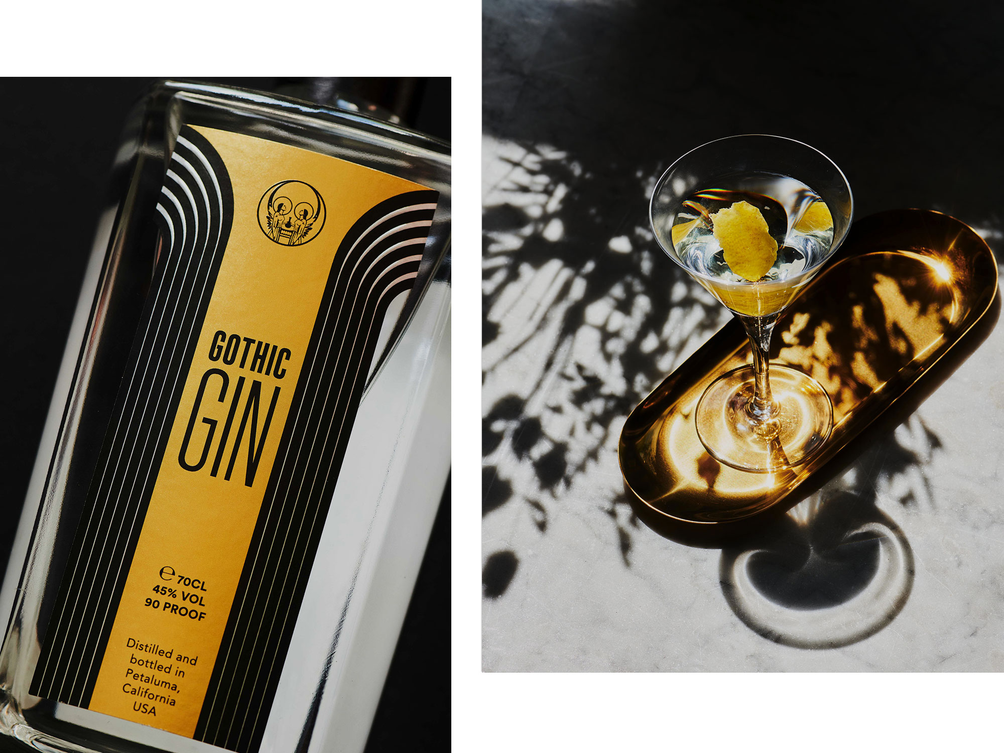 Split image: the Gothic Gin label detail beside a gin cocktail garnished with a lemon twist, lit in warm afternoon light.