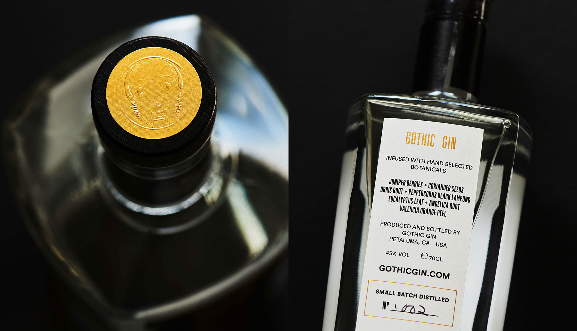 Detail of the Gothic Gin bottle: the embossed gold cap seal beside the ingredient label listing juniper, coriander, orris root, and orange peel.
