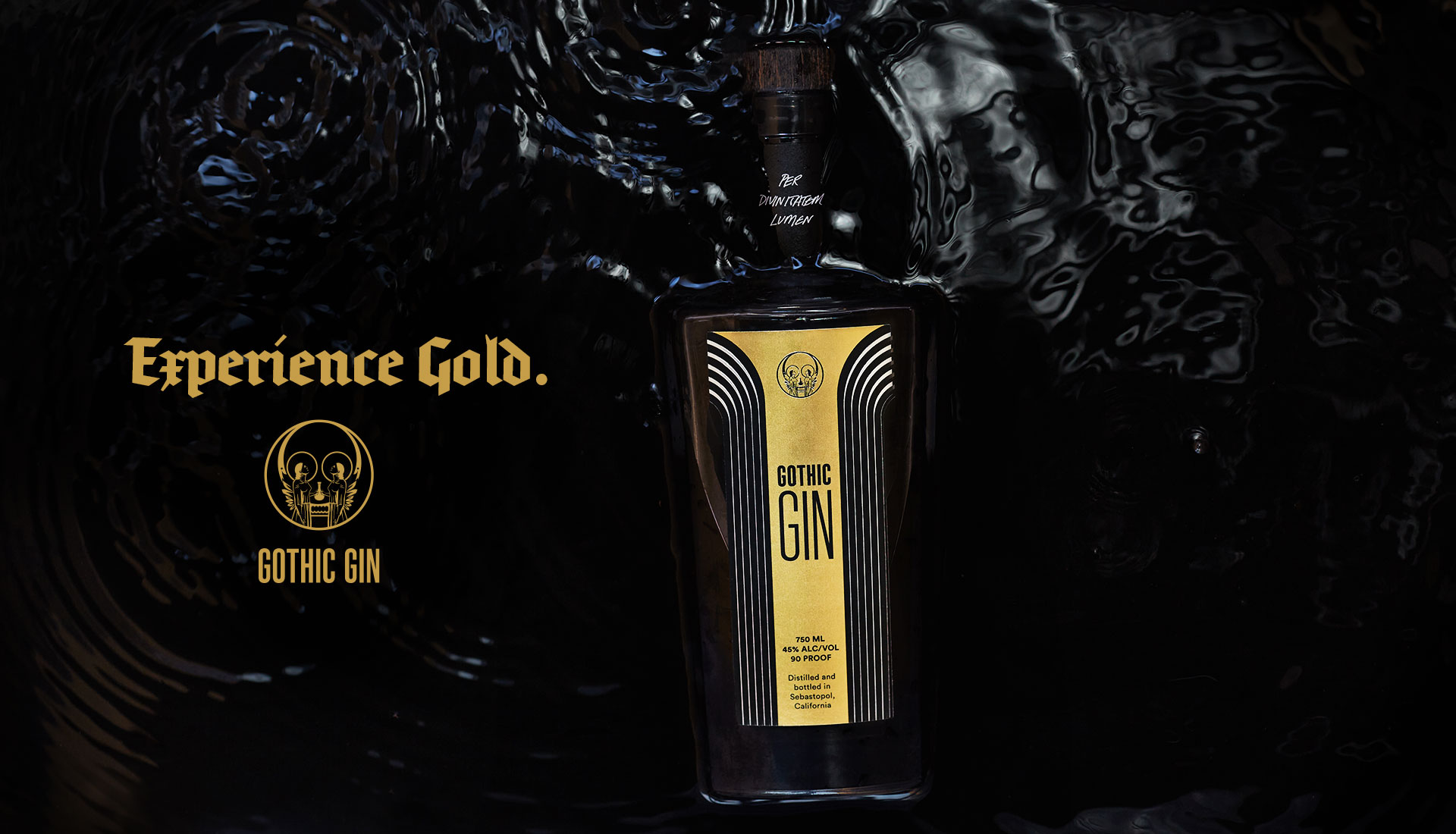 Gothic Gin bottle rising from rippling black water under the line 'Experience Gold,' with the brand's skull emblem alongside.