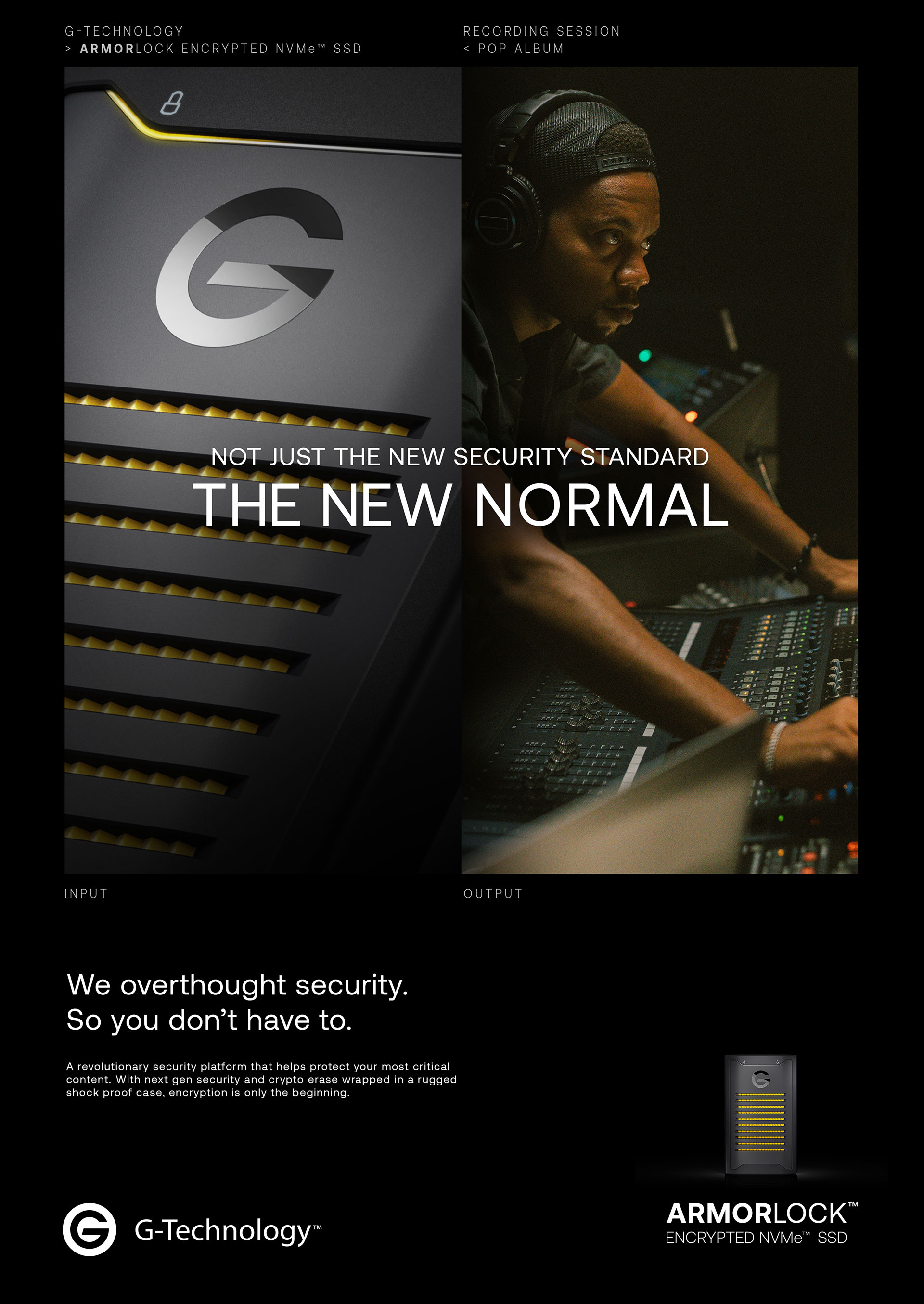 ArmorLock ad spread pairing a macro shot of the drive's ridged, amber-lit casing with a dim recording-studio still of an engineer at a mixing console, both under the headline 'Not just the new security standard. The new normal,' with the ArmorLock product shot and G-Technology logo below.