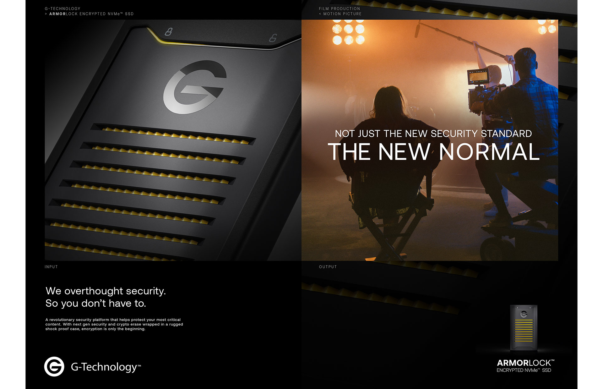 ArmorLock ad spread pairing a macro shot of the drive's ridged, amber-lit casing with a warm, smoky film-production still of a crew gathered around a camera rig, both under the headline 'Not just the new security standard. The new normal.'
