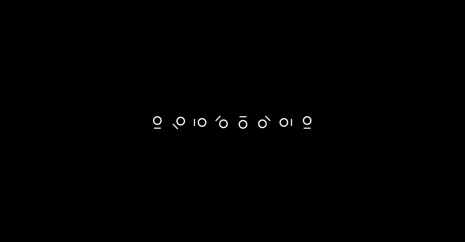 Exploration grid of eight Omega symbol marks in white on black, each testing a different construction of the circle-and-line glyph.