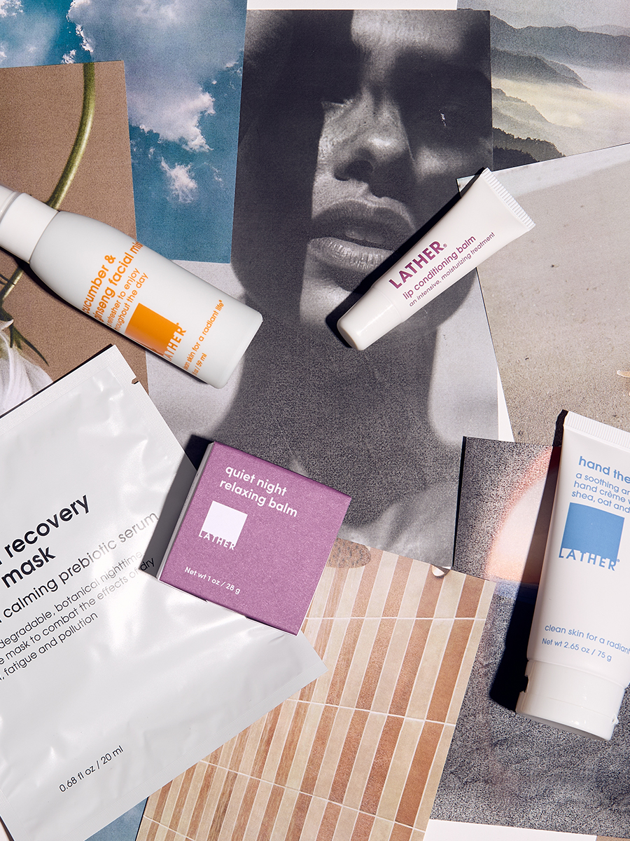 A flat lay of Lather radiant recovery sheet mask, quiet night relaxing balm, and lip conditioning balm scattered across a black-and-white portrait and striped tile background.