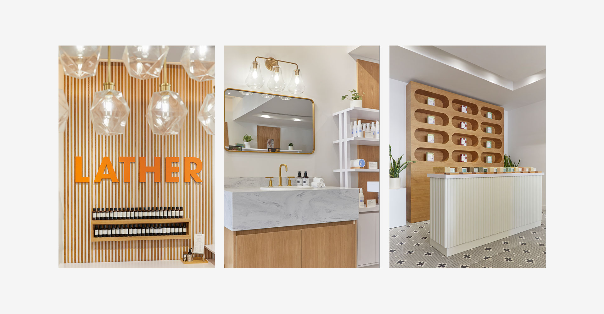 Three views of the Lather store: the orange 'LATHER' wall lettering under pendant lighting, a marble vanity station with brass fixtures and a round mirror, and the oak display alcove above a ridged checkout counter.