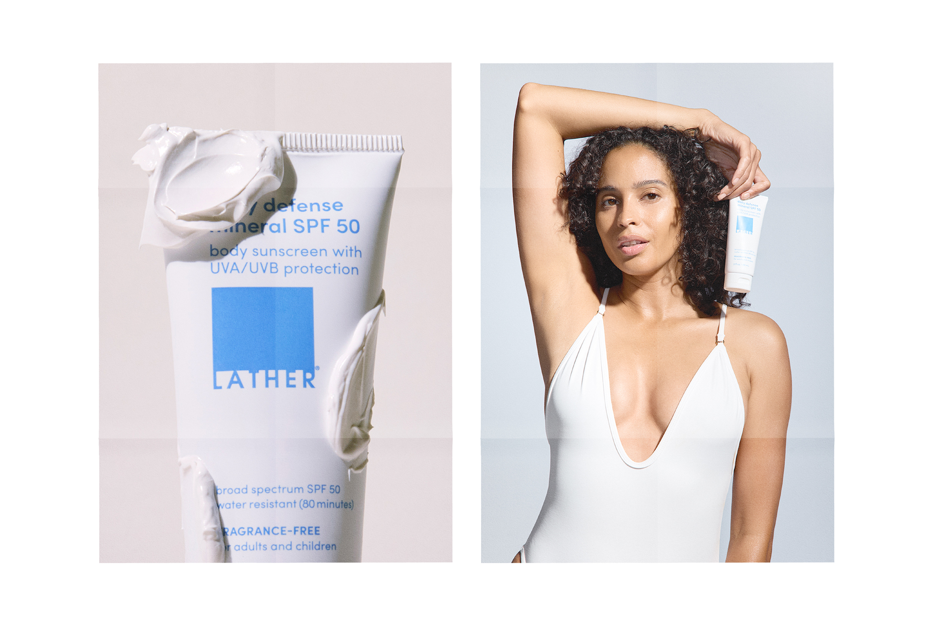 Split image: a close-up of the LATHER Daily Defense Mineral SPF 50 tube topped with a swirl of white cream, beside a portrait of a woman in a plunging white swimsuit holding the tube above her shoulder against a dusty-blue backdrop.