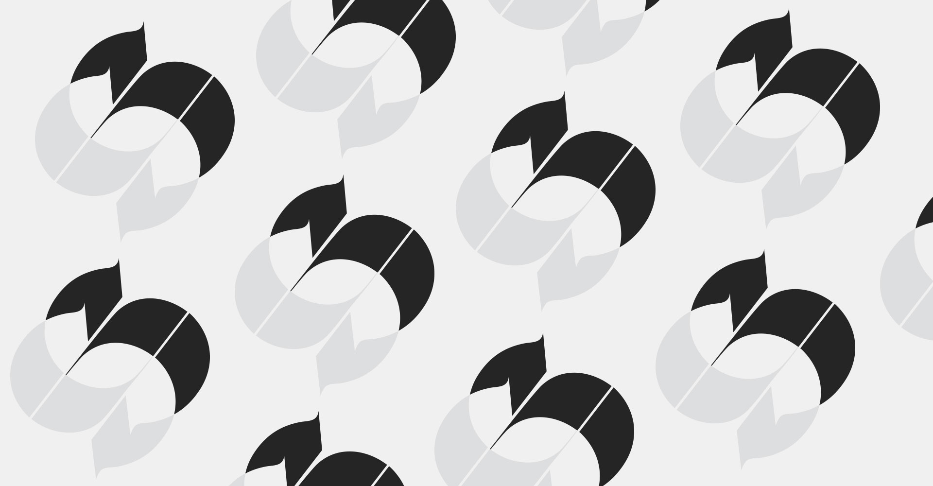 Repeating pattern of an abstract split-circle logomark in black and light grey, tiled diagonally across a pale background.
