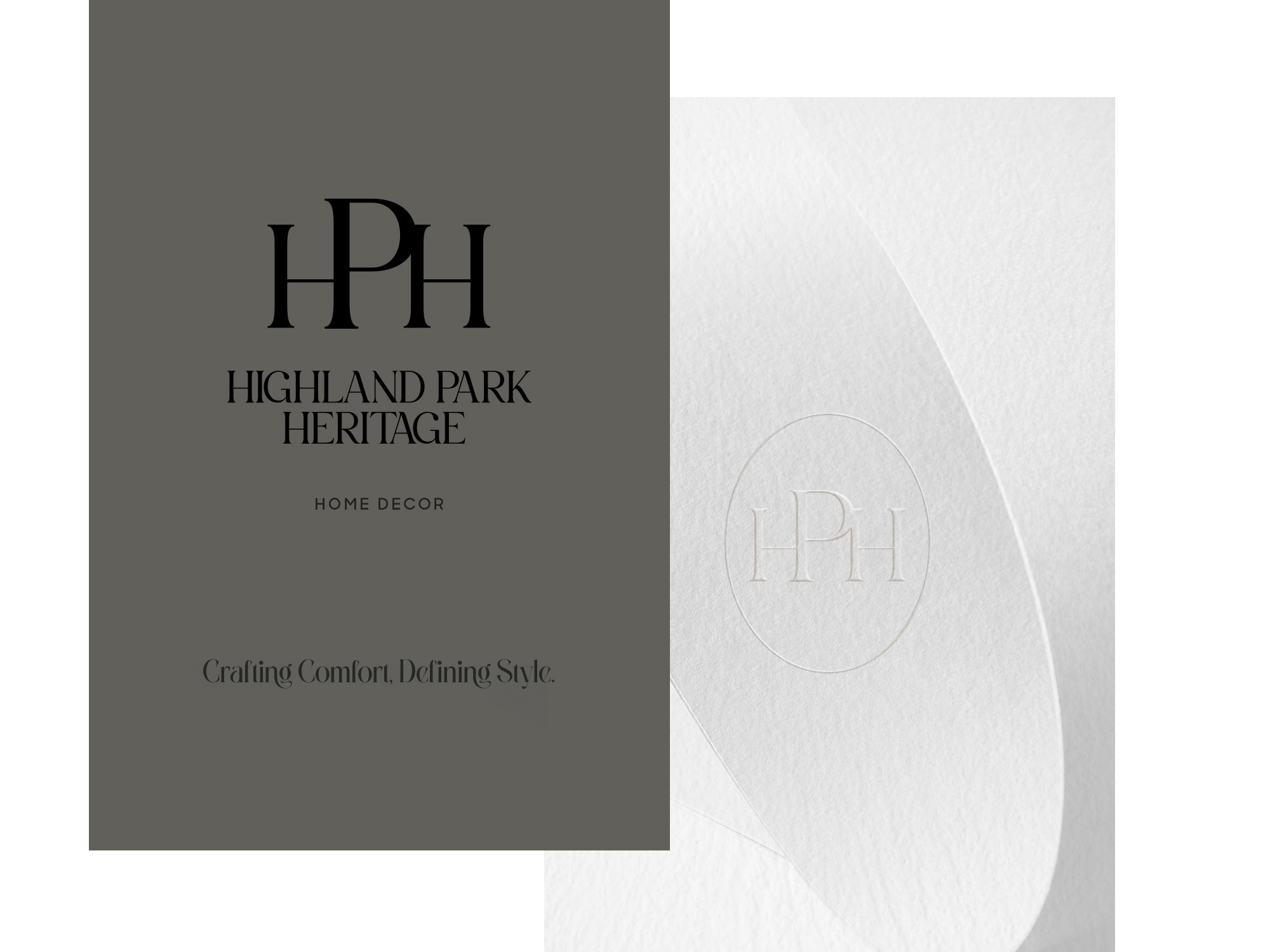 Highland Park Heritage logo — an HPH monogram in a serif typeface — shown on a stone-grey gift box beside a close-up of the mark debossed into an oval seal on white cardstock.