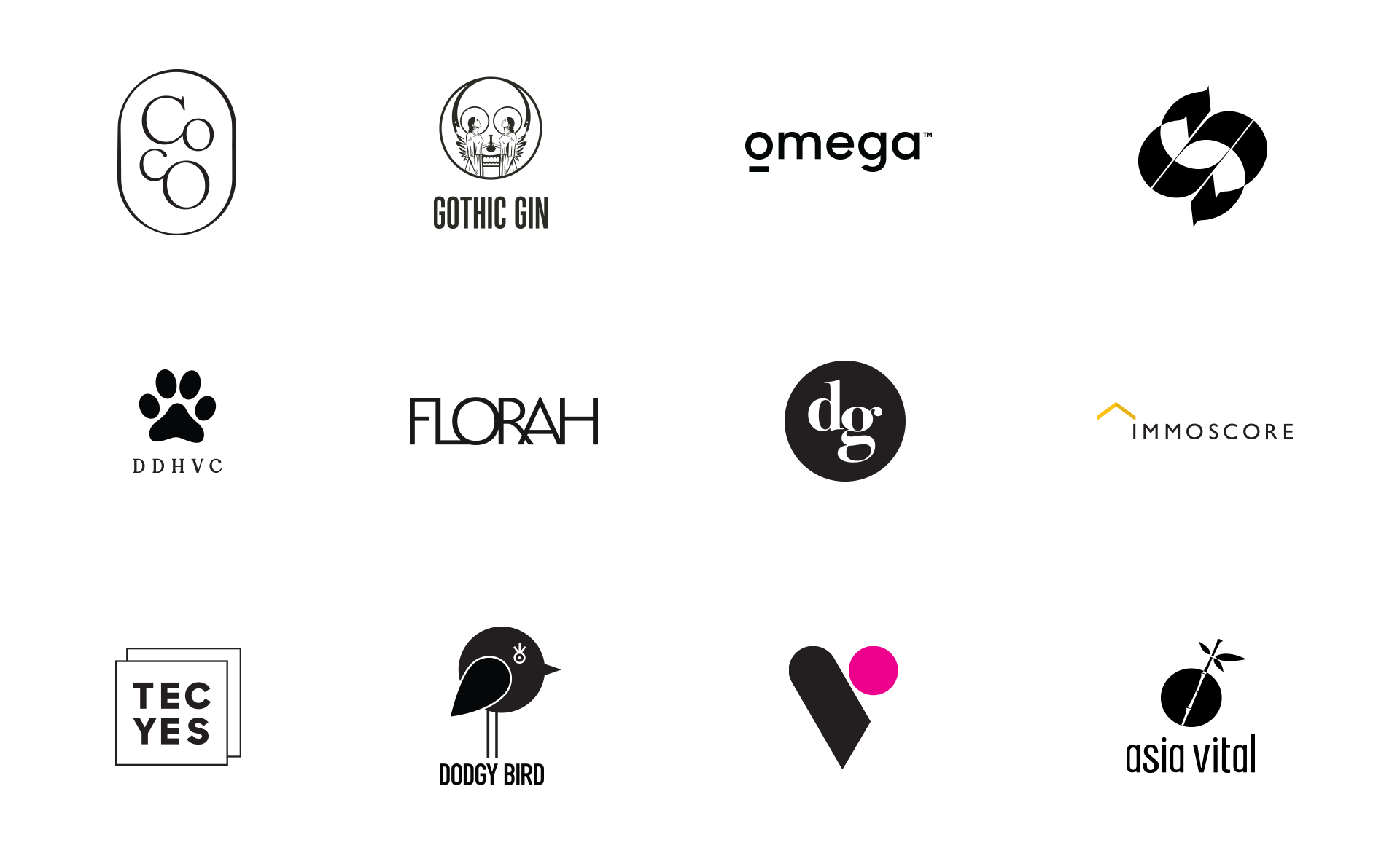 Grid of twelve logo marks designed by Coco Holtz, including Coco, Gothic Gin, Omega, a circular arrow mark, DDHVC's paw print, Florah, dg, Immoscore, Tec Yes, Dodgy Bird, a pink-and-black V mark, and Asia Vital.