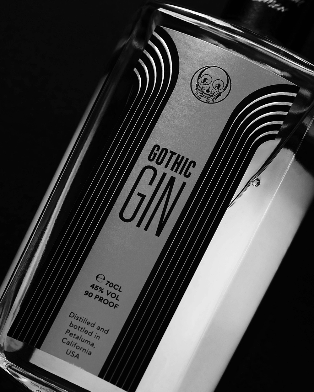 Close-up of the Gothic Gin bottle's gold gothic-arch label.