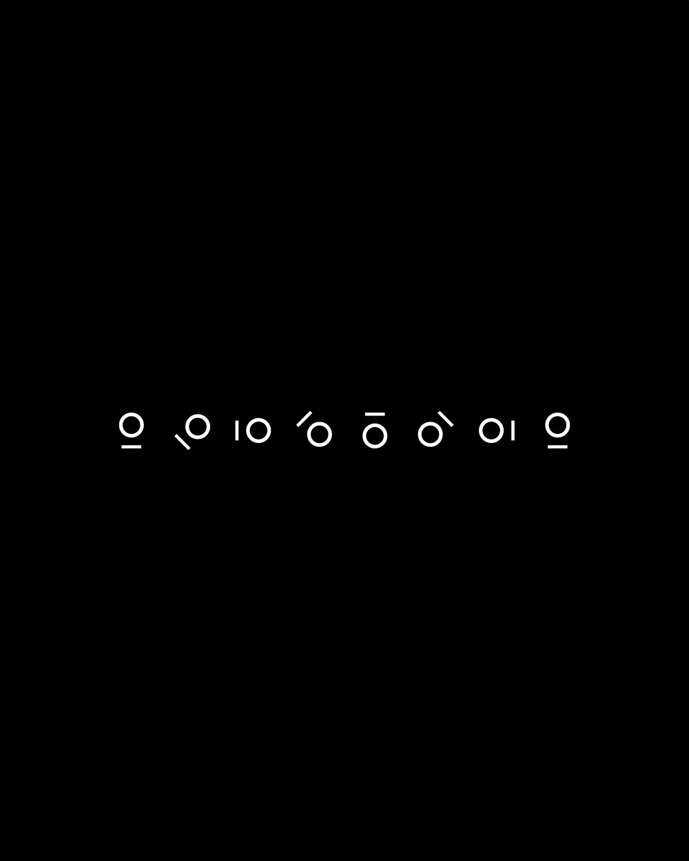 Grid of eight I.AM+ Omega glyph mark variations in white on black.